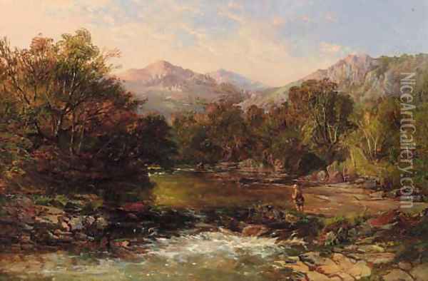 An angler in a wooded river landscape Oil Painting - Charles Branwhite