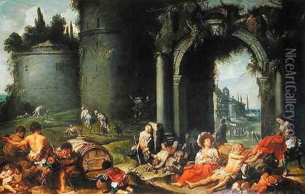 The Works of Mercy, c.1630-40 Oil Painting - Simon de Vos