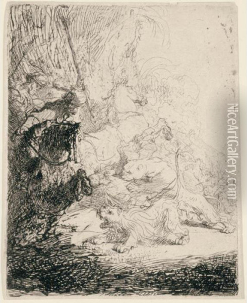 The Small Lion Hunt (b., Holl.115; H.180; Bb.41-3) Oil Painting - Rembrandt Van Rijn