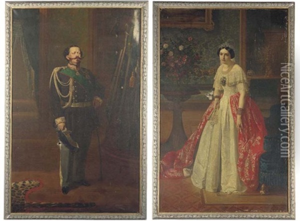 Portrait Of Vittorio Emanuele Ii, King Of Italy (+ Portrait Of Maria Adelaide Of Austria, Queen Of Italy; 2 Works) Oil Painting - Francesco Gonin