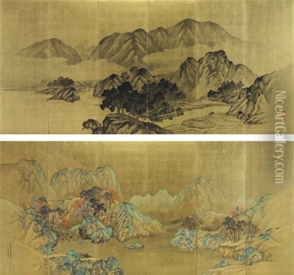 Chinese Landscapes In Spring (+ Fall; Pair) Oil Painting - Hokkai Takashima