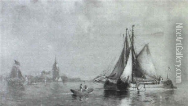 In Dordrecht Harbor - Holland Oil Painting - Walter Franklin Lansil