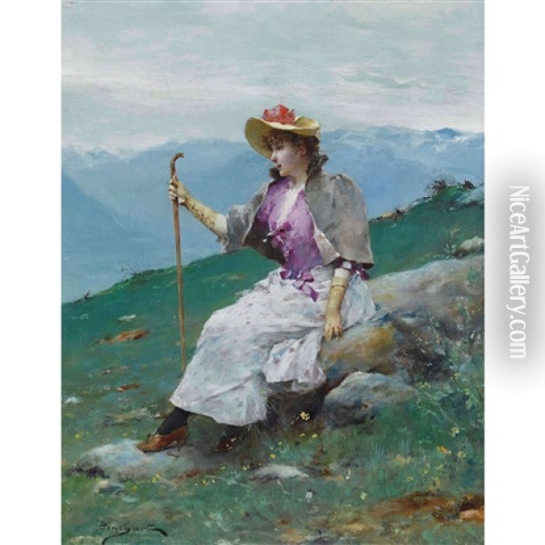 Elegante A La Montagne Oil Painting - Emile Auguste Pinchart