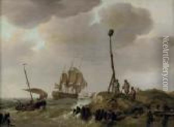 A Three-master Setting Out To Sea Oil Painting - Johannes Hermanus Koekkoek