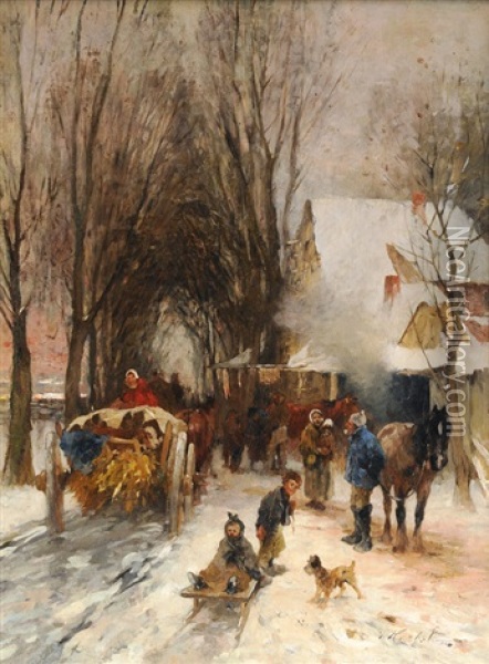 Busy Winterly Village Street Oil Painting - Thomas Herbst