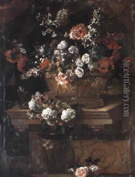 Flowers In A Sculpted Urn On A Plinth In A Draped Portico Oil Painting - Jean-Baptiste Monnoyer