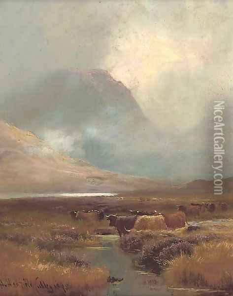 Cattle watering in a highland landscape Oil Painting - Henry Hadfield Cubley