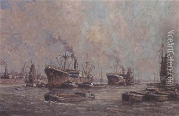 Steam Ships In The Harbour Oil Painting - Gerard Delfgaauw