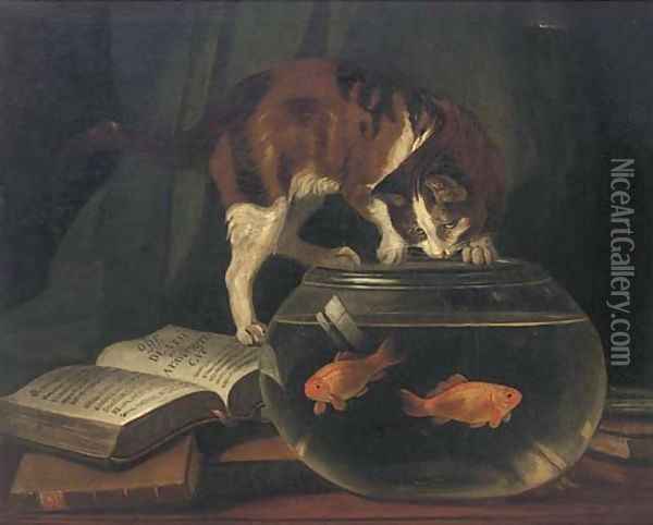 Ode on the death of a favourite cat drowned in a tub of goldfishes Oil Painting - English School
