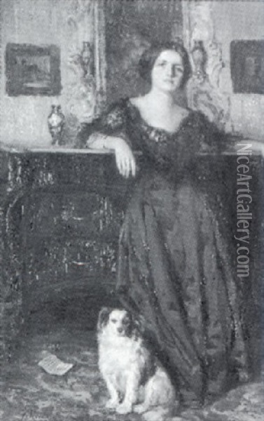 Junge Frau Mit Hund In Interieur Oil Painting - Fausto Giusto