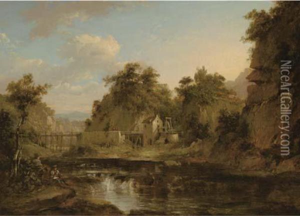 A River Landscape With A Watermill And An Aquaduct, An Artistsketching In The Foreground Oil Painting - Alexander Nasmyth