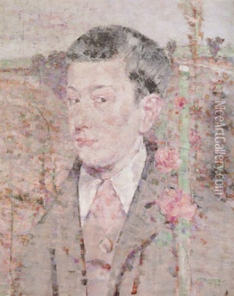Portrait Of A Boy Wearing A Grey Suit And Pink Cravat, In A Summer Landscape Oil Painting - John Quinton Pringle