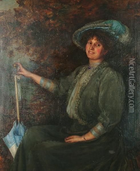 Portrait Of A Lady, Seated, Wearing A Blue Hat And Dress And Holding A Blue Parasol Oil Painting - William Samuel Henry Llewellyn