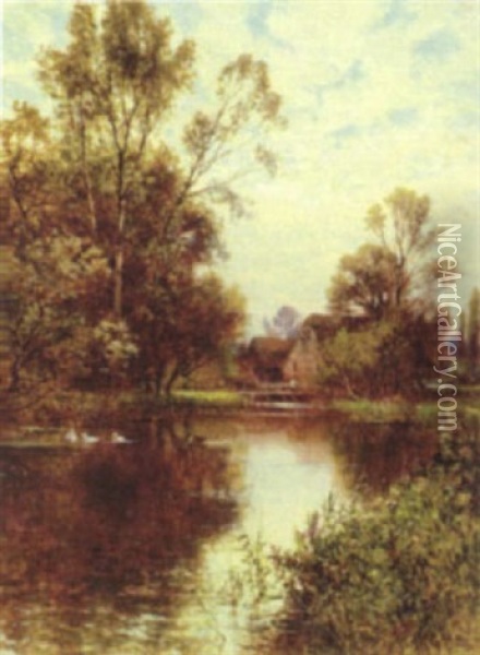 Figure Outside A Cottage By A Duck Pond Oil Painting - Alfred Augustus Glendening Sr.