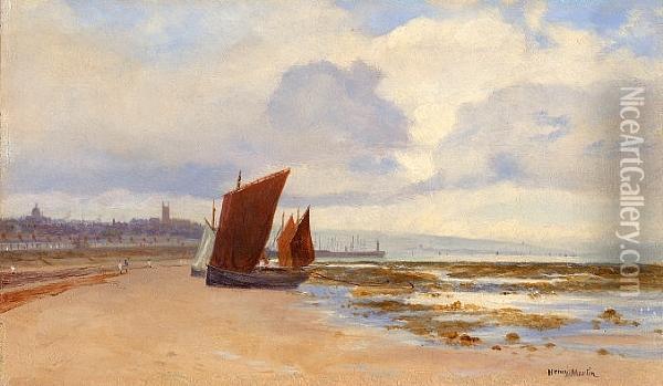Beached Fishing Boats On The Shore, Penzance Oil Painting - Henry Martin