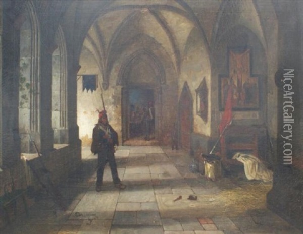 Soldiers In A Church Oil Painting - Ludwig (Adrian) Richter