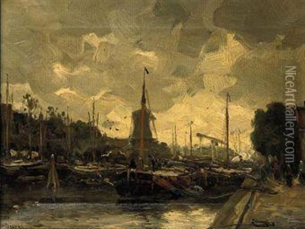 A Busy Harbour Oil Painting - Antonius Bernardus Dirckx
