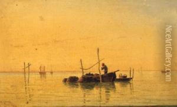 A Fisherman On A Venetian Lagoon; And A Hay Barge On A Lagoon Oil Painting - Pietro Galter