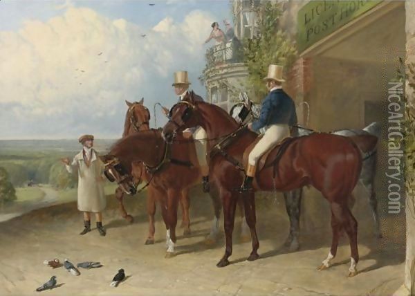 A Change Of Horses Waiting For The Arrival Of A Coach Outside An Inn Oil Painting - John Frederick Herring Snr