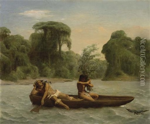 Deux Indiens En Pirogue Oil Painting - Francois Auguste Biard