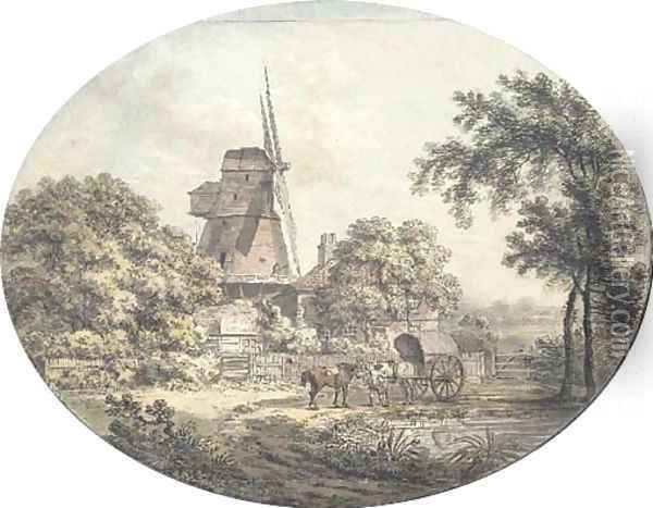 A windmill with horses and a cart by a pond, in the foreground Oil Painting - Samuel Hieronymous Grimm