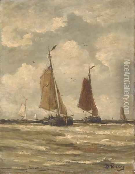 Bomschuiten at sea, Scheveningen Oil Painting - Hendrik Willem Mesdag