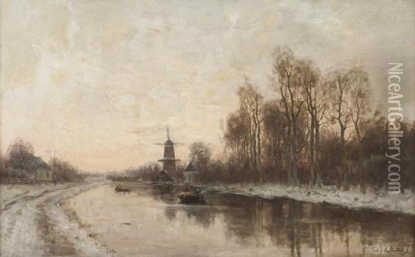 Hollandische Flusslandschaft Mit Windmuhle Im Winter Oil Painting - Fredericus Jacobus Van Rossum Du Chattel