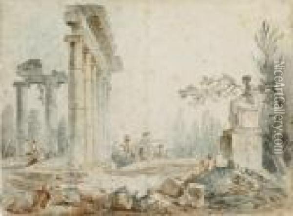 Figures Among Classical Ruins Oil Painting - Hubert Robert