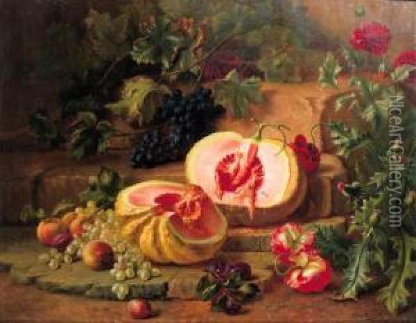 A Still Life With Peaches, Melons And Grapes Oil Painting - Edward Van Rijswijck