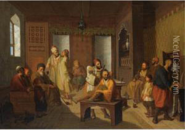 The Barber's Shop Oil Painting - Julius Josephus Gaspard Starck