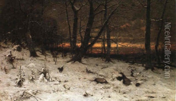 En Vinterdag I Skoven, Solnedgang Oil Painting - Ludwig Munthe