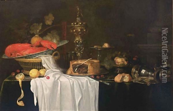 A Sumptuous Still Life With A Lobster In A Wan-Li Kraak Porcelain Bowl In A Basket Together With Grapes, Cherries And Lemons, A Flute, A Silver Beaker, A Silver-Gilt Cup With Cover, A Pie, A Silver Tazza With Peaches, Figs, Cherries And Hazelnuts Oil Painting - Andries Benedetti