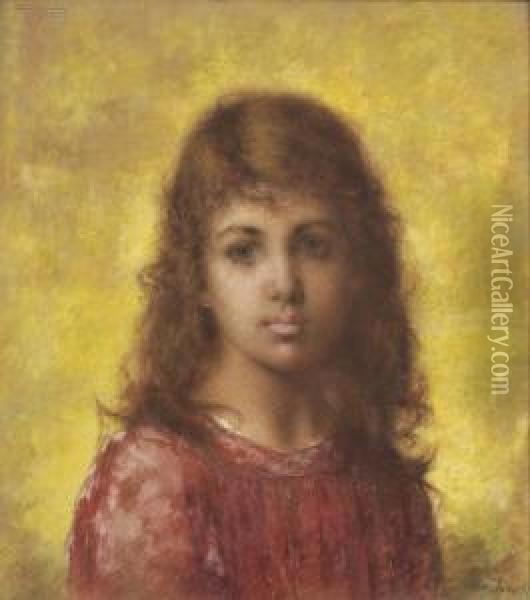 Portrait Of A Young Girl In Red / A Krasnodar Type Oil Painting - Alexei Alexeivich Harlamoff