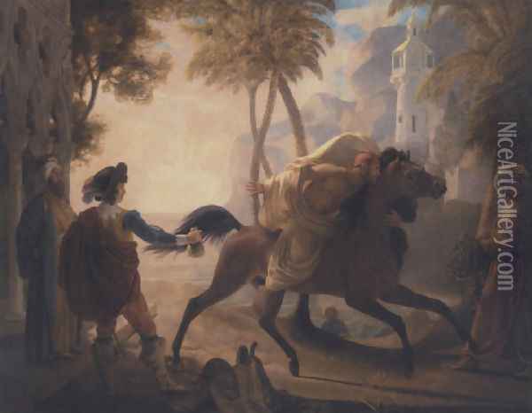 A coastal landscape with a cavalier purchasing an Arab stallion Oil Painting - Pierre-Nolasque Bergeret