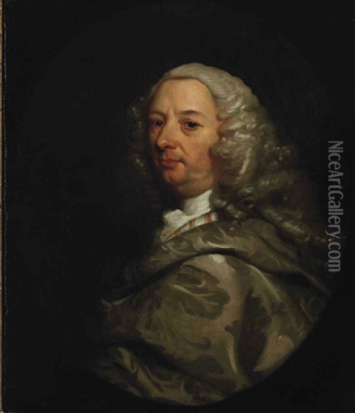 Portrait Of A Gentleman In A Silver Brocaded Mantle Oil Painting - James Latham