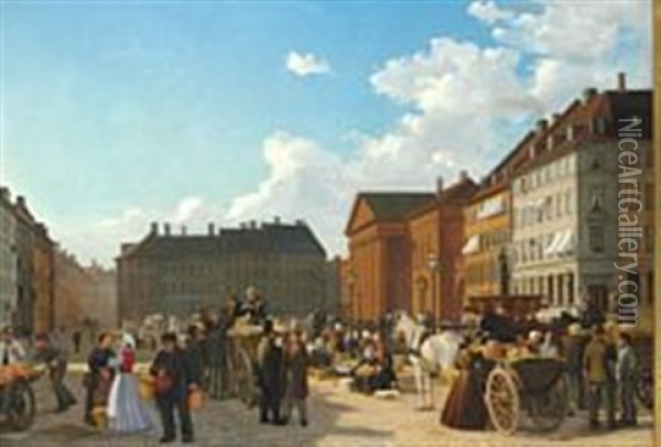 Market Day In Gammel Torv In Copenhagen Oil Painting - Wilhelm Pacht