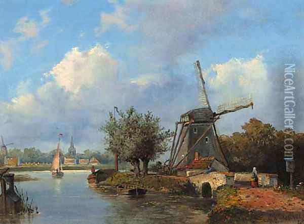 A windmill along a canal with a town in the distance Oil Painting - Johannes Josephus Destree