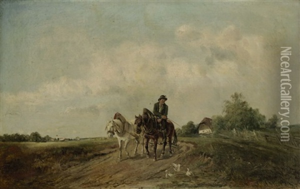 Bauer Mit Zwei Pferden Auf Der Landstrase Oil Painting - Ignaz Ellminger