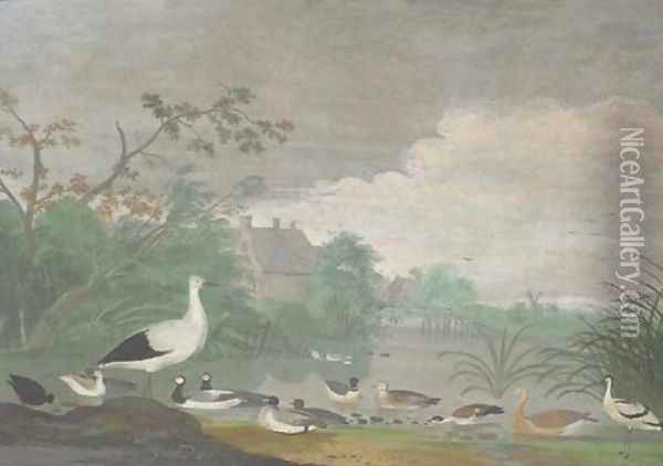 Geese, ducks and other birds on a pond with houses in the distance Oil Painting - Pieter Withoos
