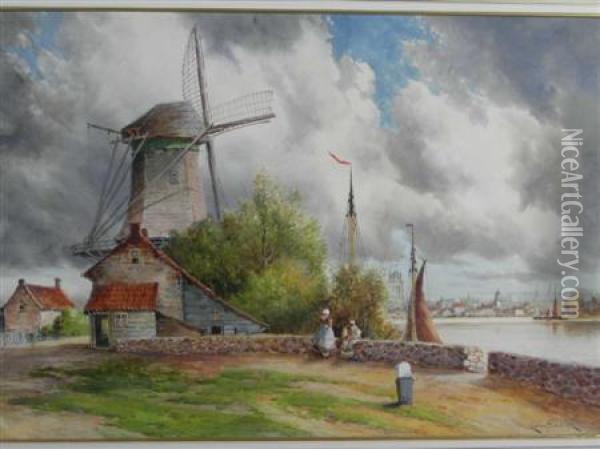 Windmill Beside A River Oil Painting - Hermanus Jr. Koekkoek