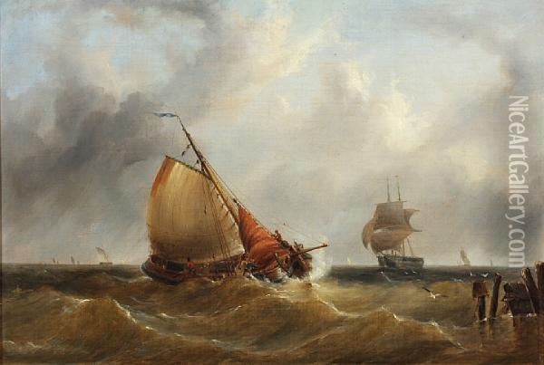 Fishing Boat In Choppy Seas, Other Vesselsbeyond Oil Painting - Henry Redmore