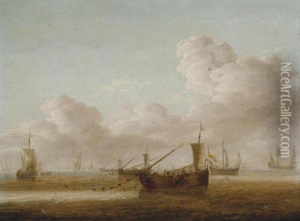 Shipping In Calm Waters Oil Painting - Anthony Jansz van der Croos