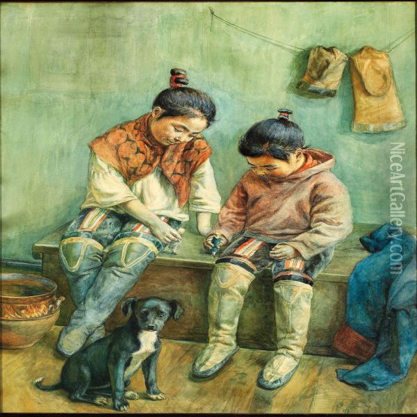 Two Little Girls From Greenland Playing With Their Dolls Oil Painting - Christine Deichmann