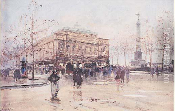 La Place Du Chatelet Oil Painting - Eugene Galien-Laloue