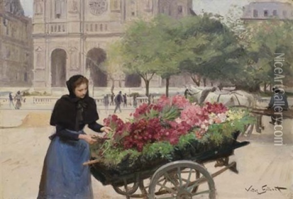 Marchande De Fleurs Devant L'eglise De La Trinite Oil Painting - Victor Gabriel Gilbert