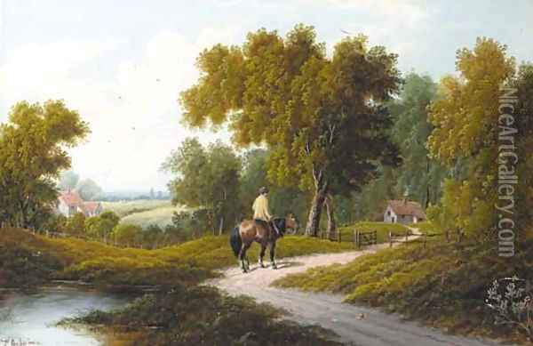 A horseman by a pond in a wooded landscape; and A horse and cart by a cottage Oil Painting - Etty Horton