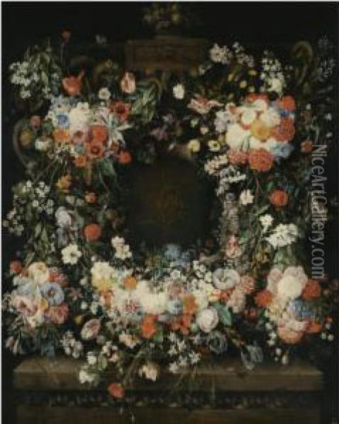 A Garland Of Flowers Decorating An Ornamental Carved Stonestructure Oil Painting - Caspar Pieter I Verbrugghen