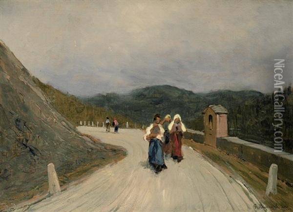 Drei Frauen Auf Einem Hohenweg Mit Marterl Oil Painting - Giuseppe Buscaglione