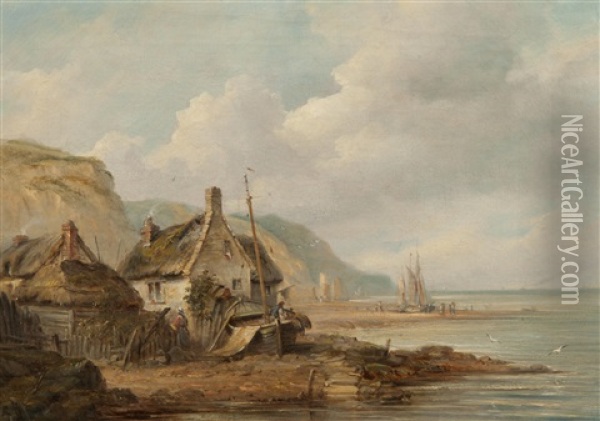 Figures And Cotage On The Beach At Sidmouth Oil Painting - John Moore Of Ipswich
