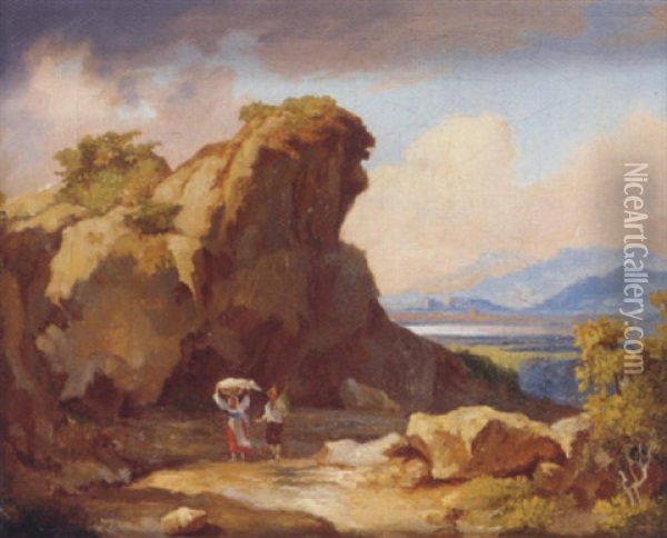 Travellers In An Italian Landscape Oil Painting - Karoly Marko the Elder